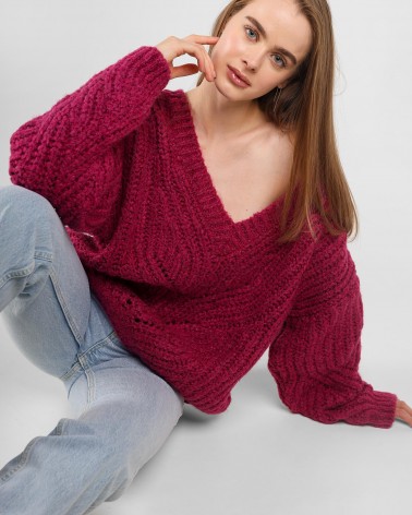 Светр з плетеним візерунком та V-вирізом від FASHIONISTA яскраво-фіолетовий