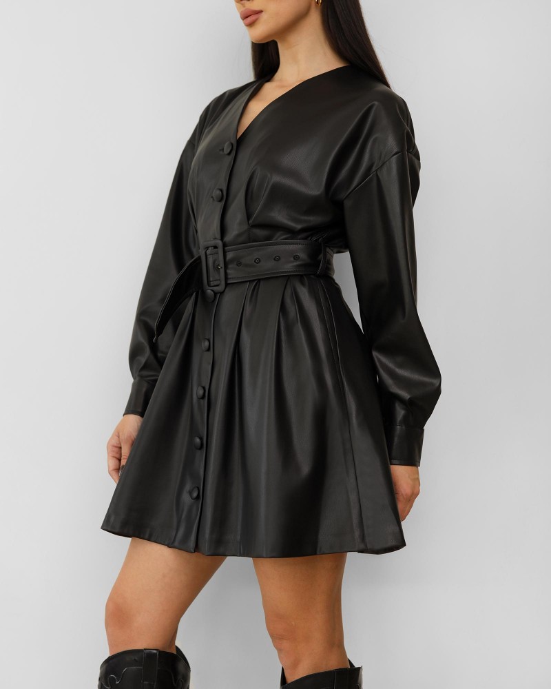 Сукня-сорочка зі штучної шкіри з поясом від FASHIONISTA чорний