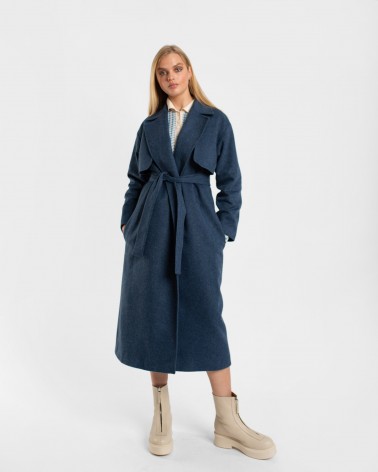 Пальто на запах з відлітною кокеткою та поясом від FASHIONISTA темно-синій