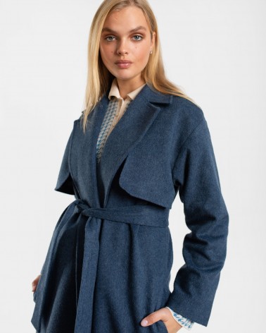 Пальто на запах з відлітною кокеткою та поясом від FASHIONISTA темно-синій