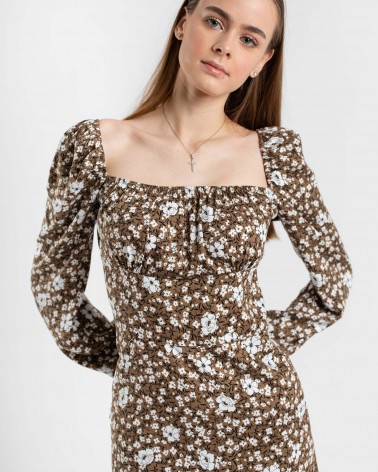 Сукня з квітковим принтом та прямокутним вирізом від FASHIONISTA темно-бежевий