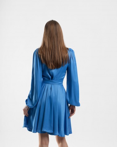 Сукня сатинова з спідницею-кльош, ґудзиками та поясом від FASHIONISTA синій