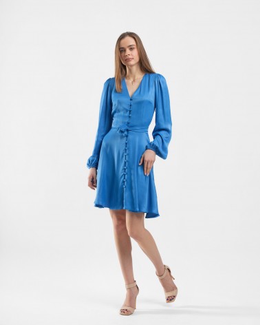 Сукня сатинова з спідницею-кльош, ґудзиками та поясом від FASHIONISTA синій