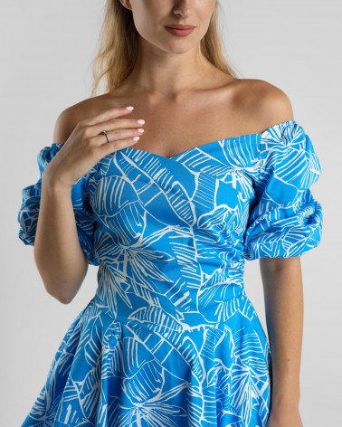 Сукня з однотонним рослинним принтом та спідницею-кльош  від FASHIONISTA синій