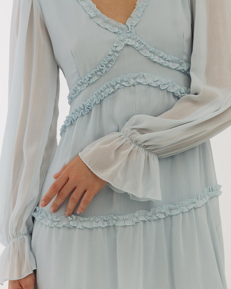 Сукня шифонова Tenderness з рюшами та вирізом на спині від FASHIONISTA блакитний