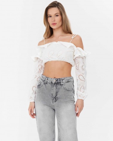 Топ з рюшем та перфорацією від FASHIONISTA білий