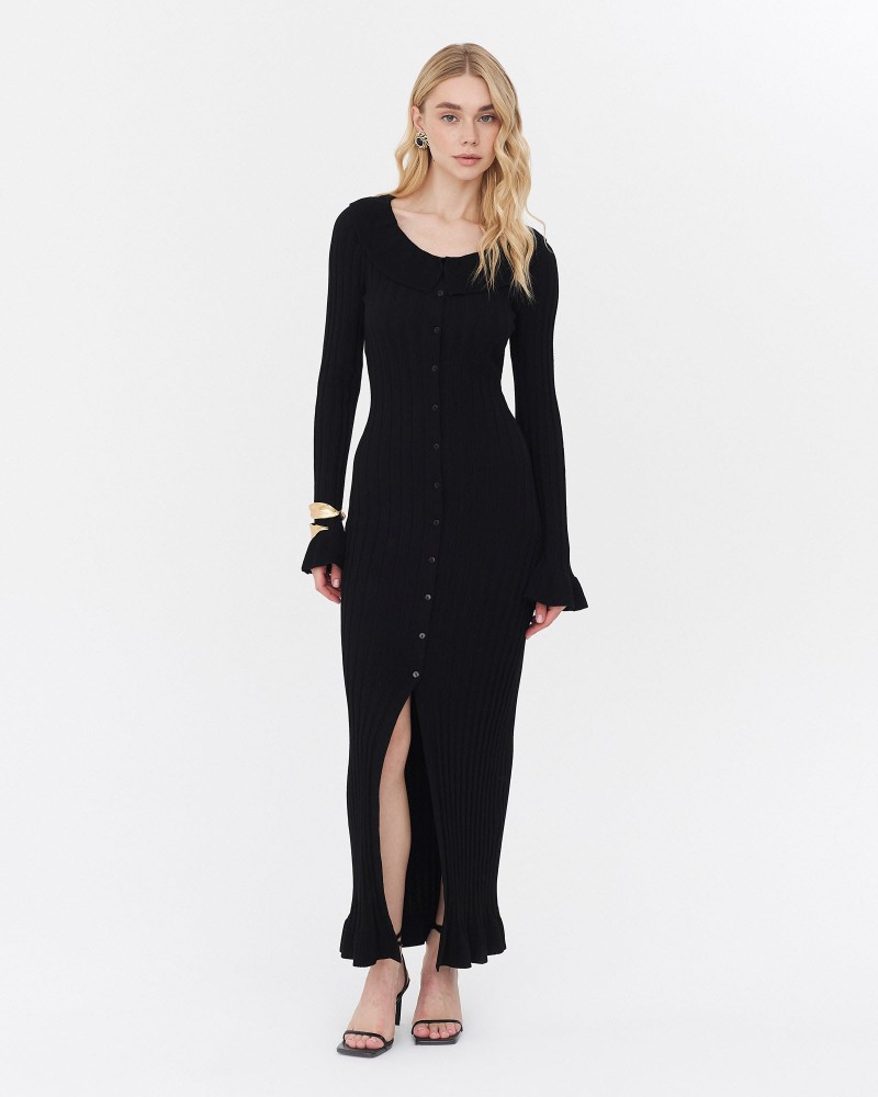 Сукня трикотажна з рюшами та коміром від FASHIONISTA чорний