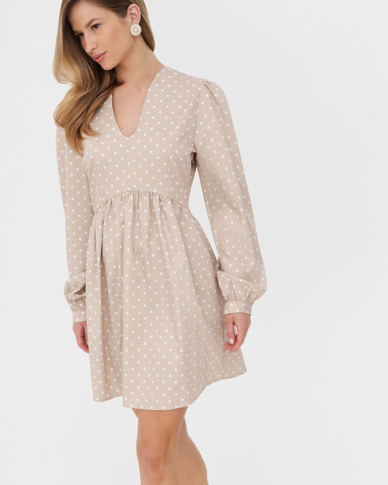 Сукня з принтом polka dot та V-вирізом від FASHIONISTA бежевий