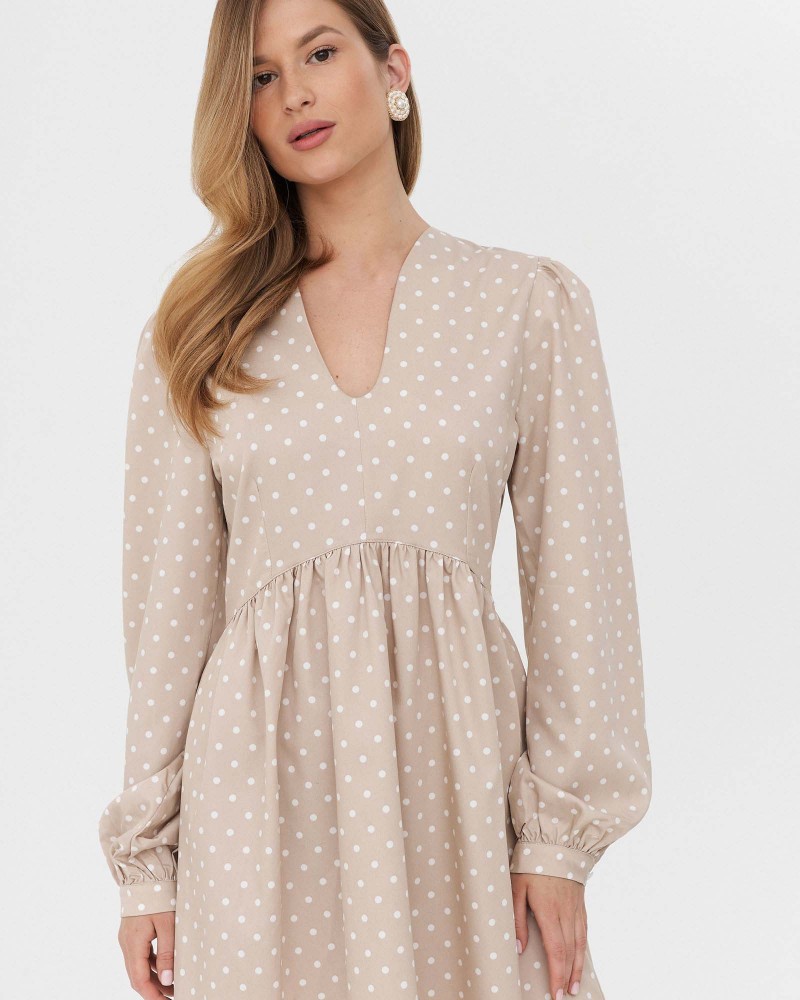 Сукня з принтом polka dot та V-вирізом від FASHIONISTA бежевий