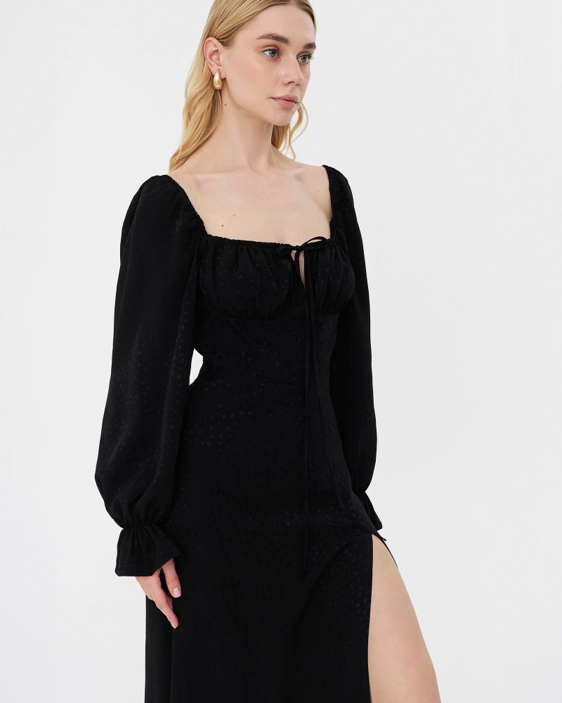 Сукня з однотонною вишивкою та розрізом від FASHIONISTA чорний Сукня з однотонною вишивкою та розрізом від FASHIONISTA чорний