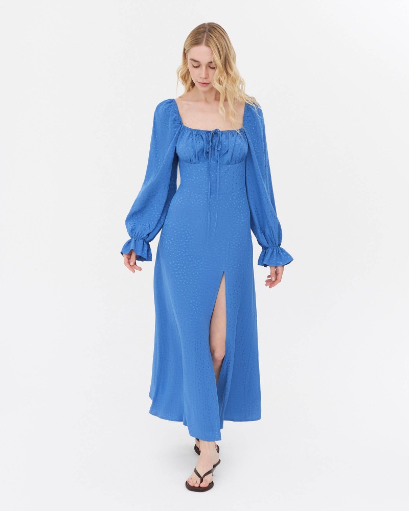 Сукня з однотонною вишивкою та розрізом від FASHIONISTA синій Сукня з однотонною вишивкою та розрізом від FASHIONISTA синій