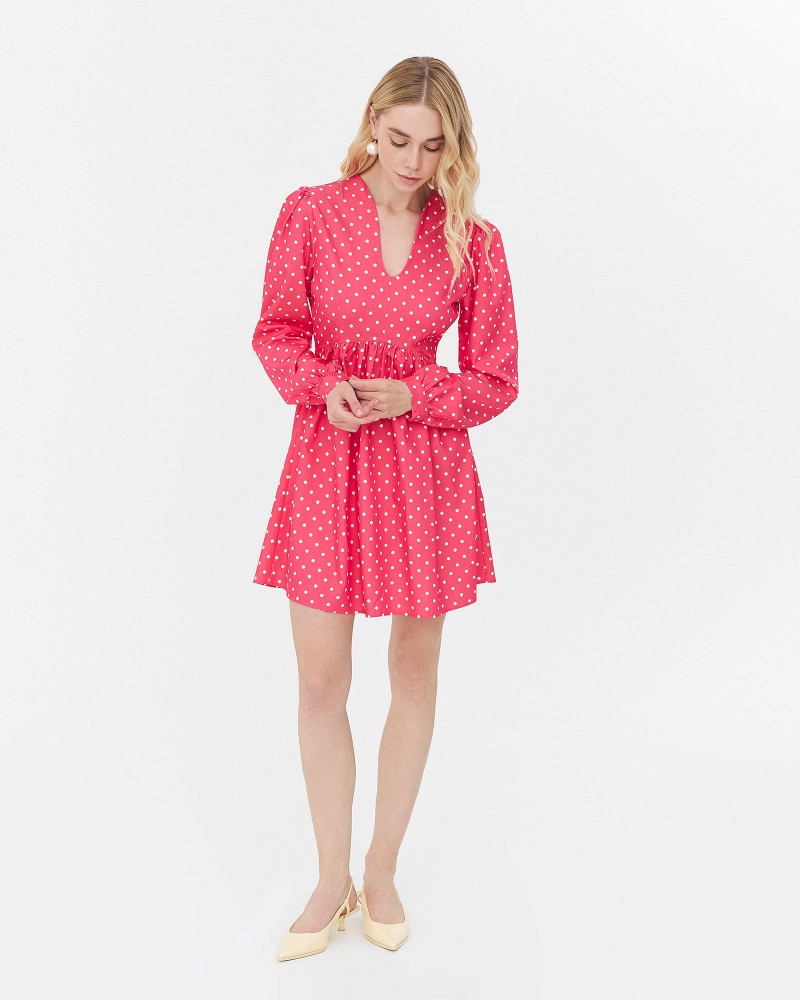 Сукня з принтом polka dot та V-вирізом від FASHIONISTA яскраво-рожевий