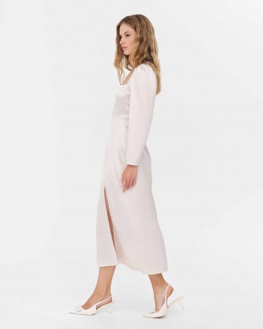 Сукня сатинова з об'ємними рукавами та розрізом від FASHIONISTA бежевий