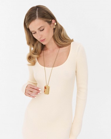 Кремовий трикотажна сукня з розрізом FASHIONSTA