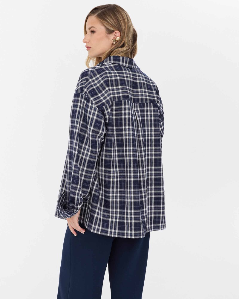 Темно-синя картата сорочка з імітацією нагрудних кишень FASHIONISTA