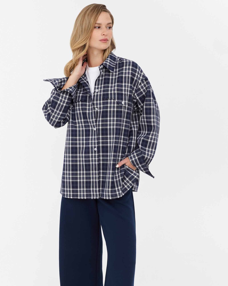 Темно-синя картата сорочка з імітацією нагрудних кишень FASHIONISTA