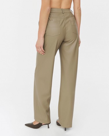 Хакі штани зі штучної шкіри з декоративними швами FASHIONISTA