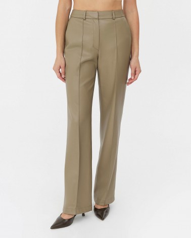 Хакі штани зі штучної шкіри з декоративними швами FASHIONISTA