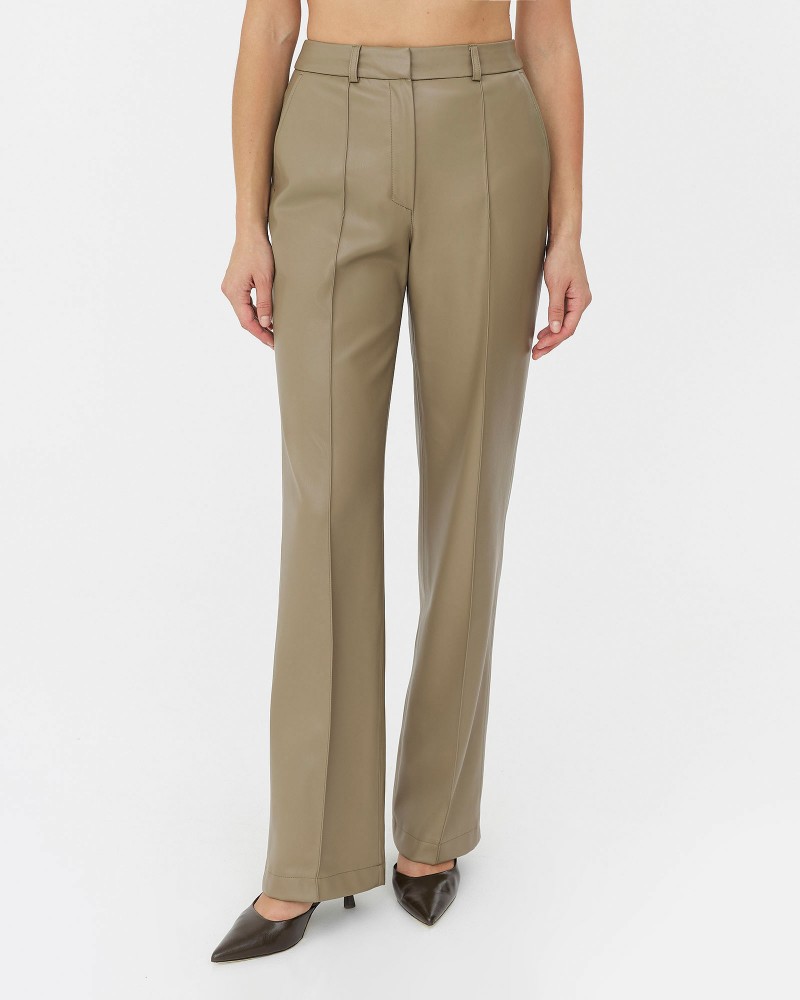 Хакі штани з штучної шкіри з декоративними швами FASHIONISTA