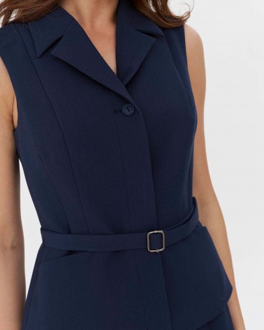 Синій жилет приталеного крою з поясом FASHIONISTA