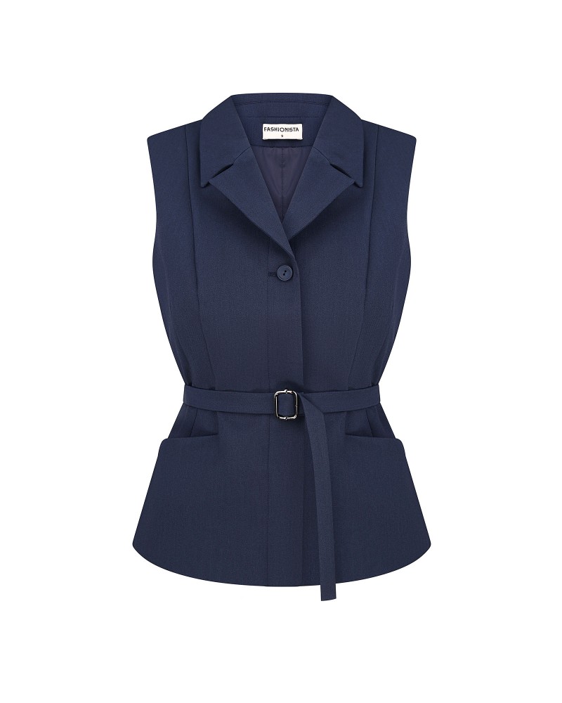 Синій жилет приталеного крою з поясом FASHIONISTA