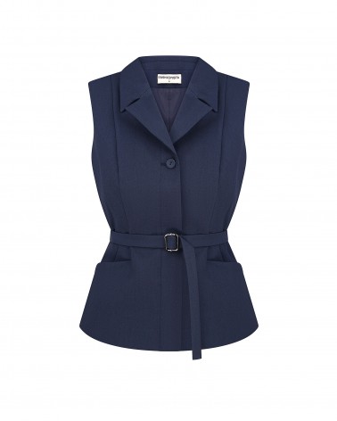 Синій жилет приталеного крою з поясом FASHIONISTA