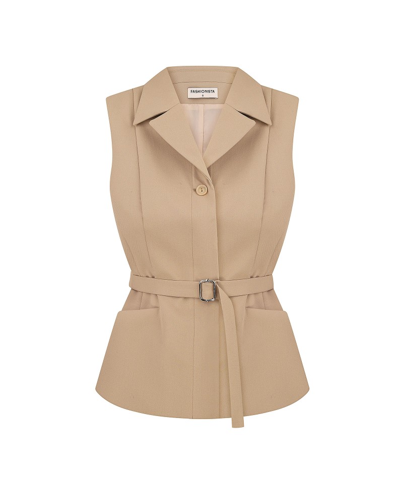 Бежевий жилет приталеного крою з поясом FASHIONISTA