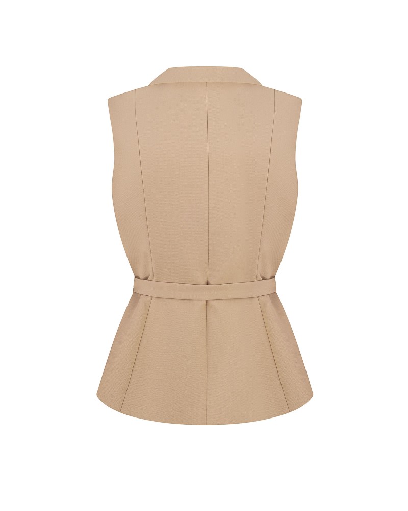 Бежевий жилет приталеного крою з поясом FASHIONISTA