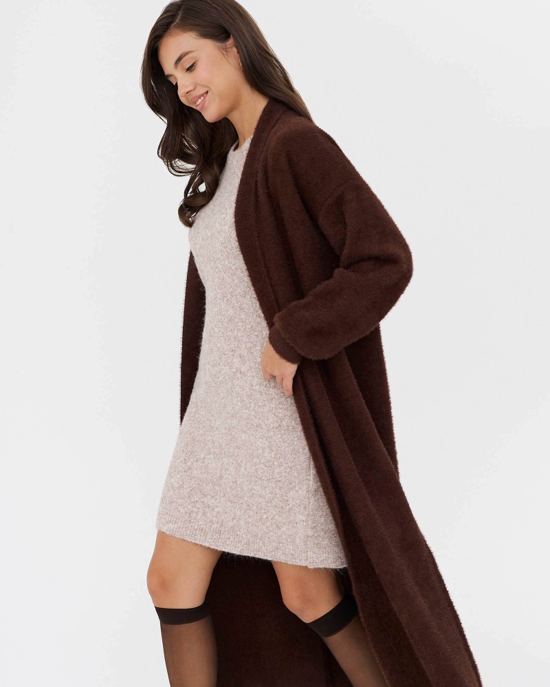 Шоколадний довгий кардиган з відкладним коміром FASHIONISTA