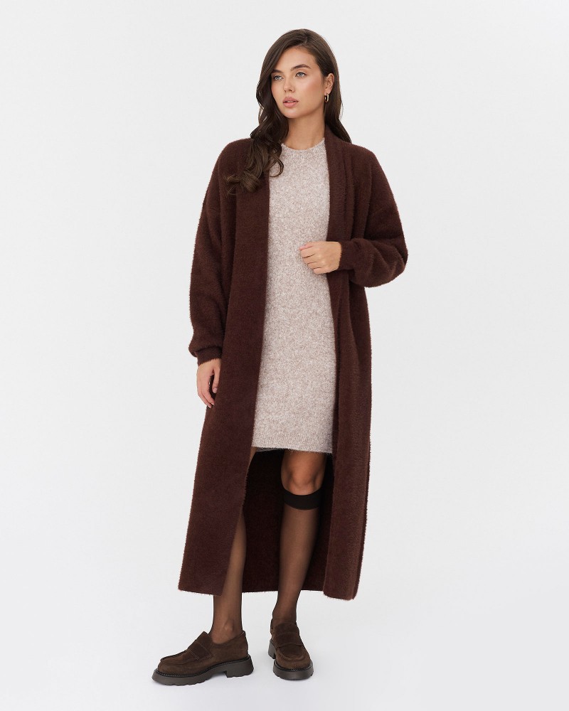 Шоколадний довгий кардиган з відкладним коміром FASHIONISTA