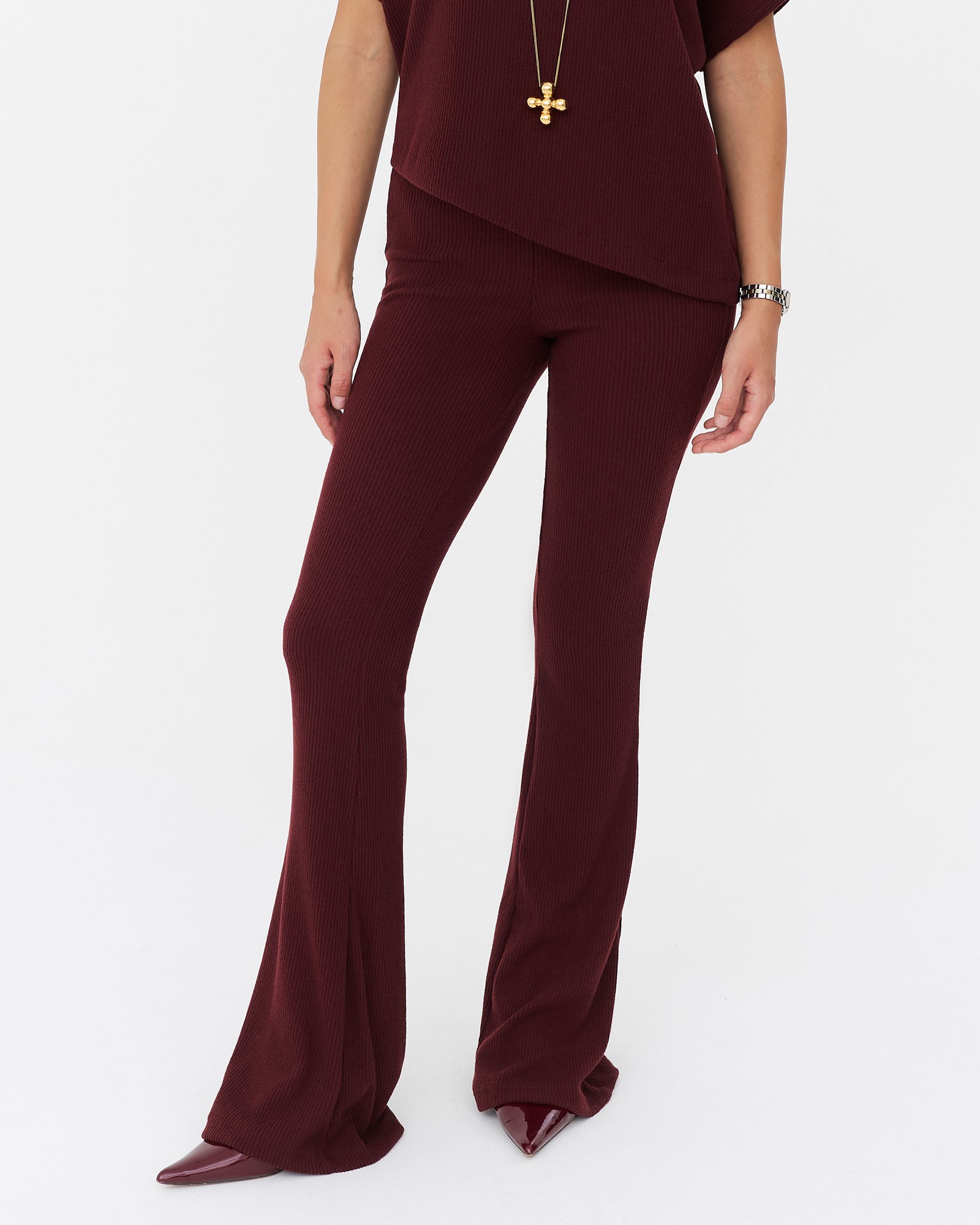 Бордові трикотажні штани-кльош текстуровані FASHIONISTA