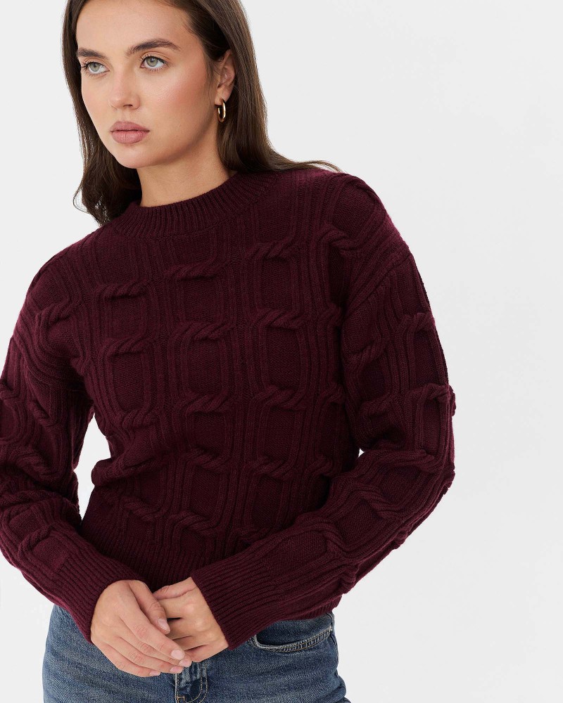 Бордовий джемпер з плетенням та манжетами FASHIONISTA