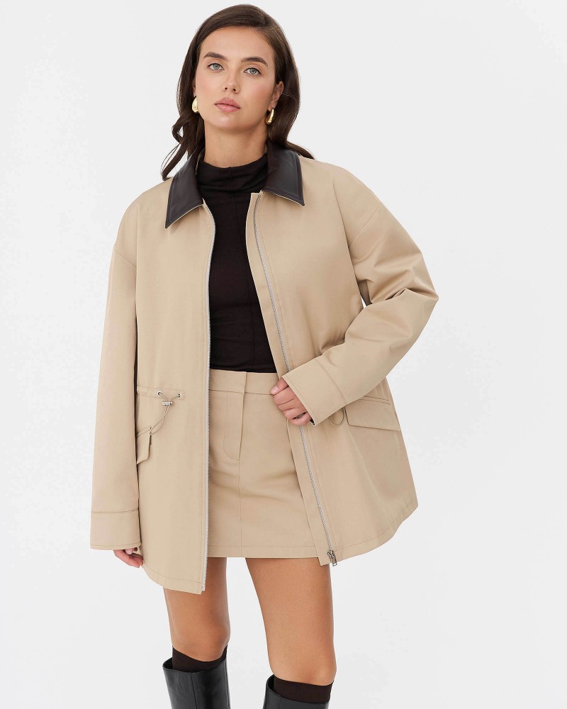 Бежева парка із вставками зі штучної шкіри FASHIONISTA