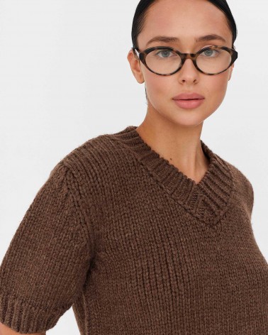 Коричневий пуловер з манжетами та короткими рукавами FASHIONISTA