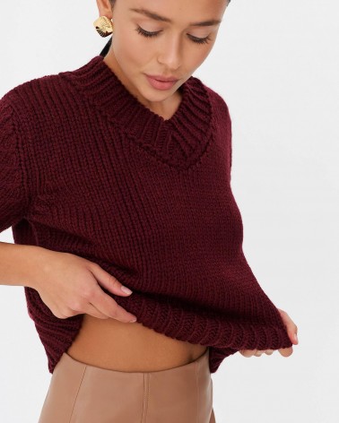Бордовий пуловер з манжетами та короткими рукавами FASHIONISTA