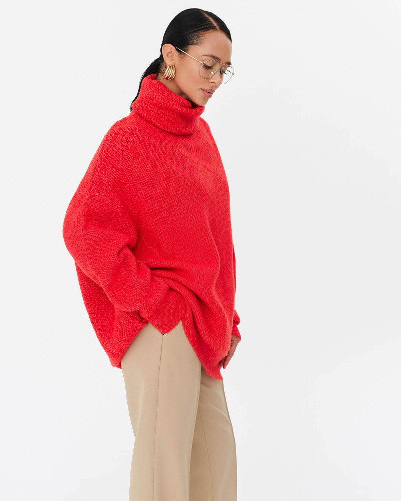 Яскраво-червоний подовжений светр крою оверсайз FASHIONISTA