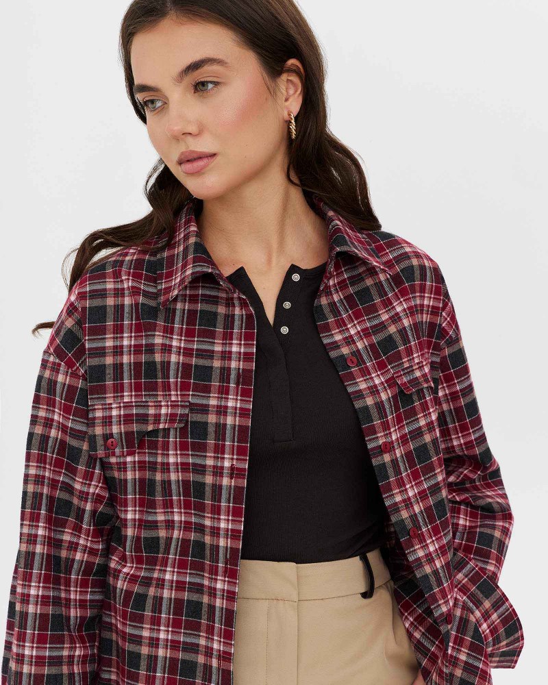 Бордова картата сорочка з імітацією нагрудних кишень FASHIONISTA