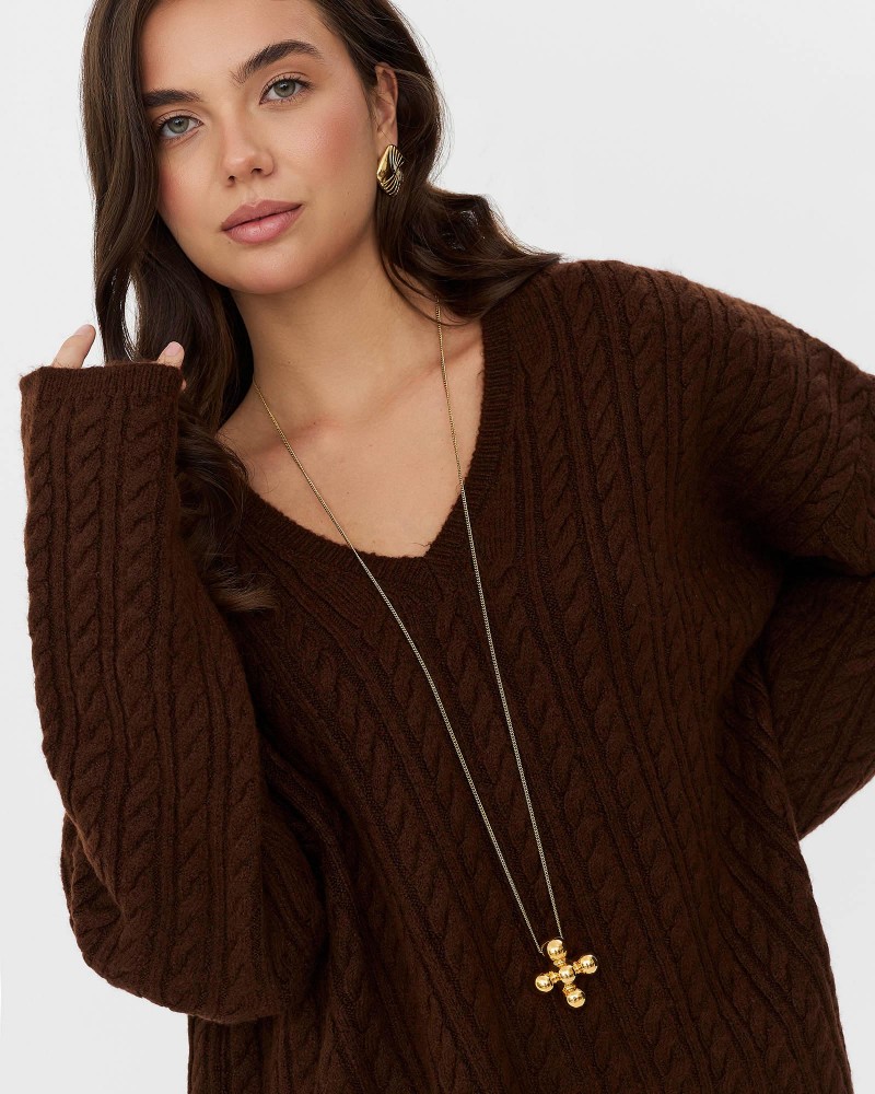 Коричневий пуловер з комбінованою в'язкою FASHIONISTA