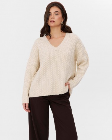 Молочний пуловер з комбінованою в'язкою FASHIONISTA