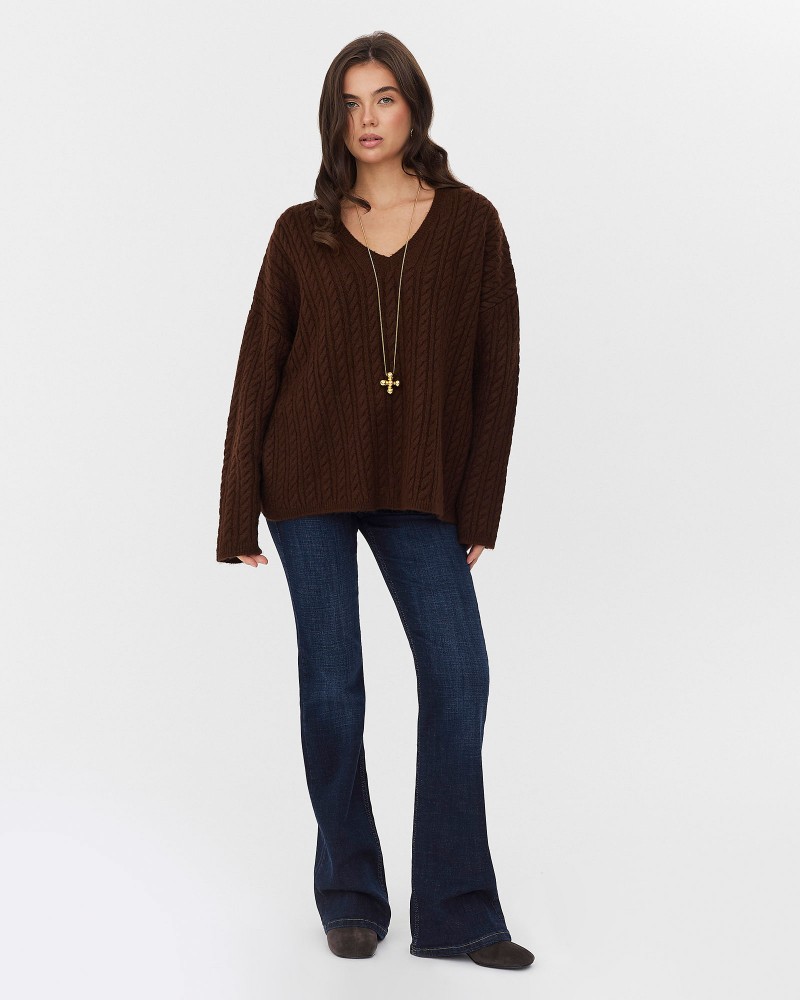 Коричневий пуловер з комбінованою в'язкою FASHIONISTA