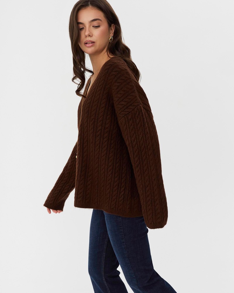 Коричневий пуловер з комбінованою в'язкою FASHIONISTA