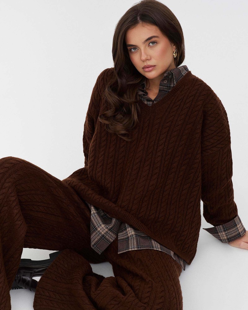 Коричневі штани-палацо з  комбінованою в'язкою FASHIONISTA