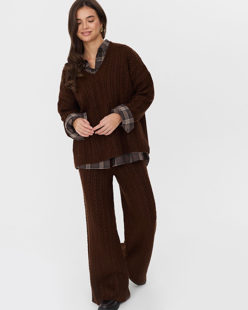 Коричневі штани-палацо з  комбінованою в'язкою FASHIONISTA