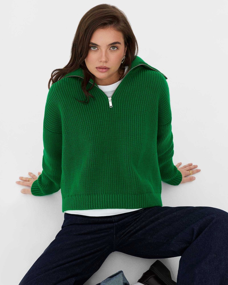 Зелений светр з горловиною на блискавці FASHIONISTA