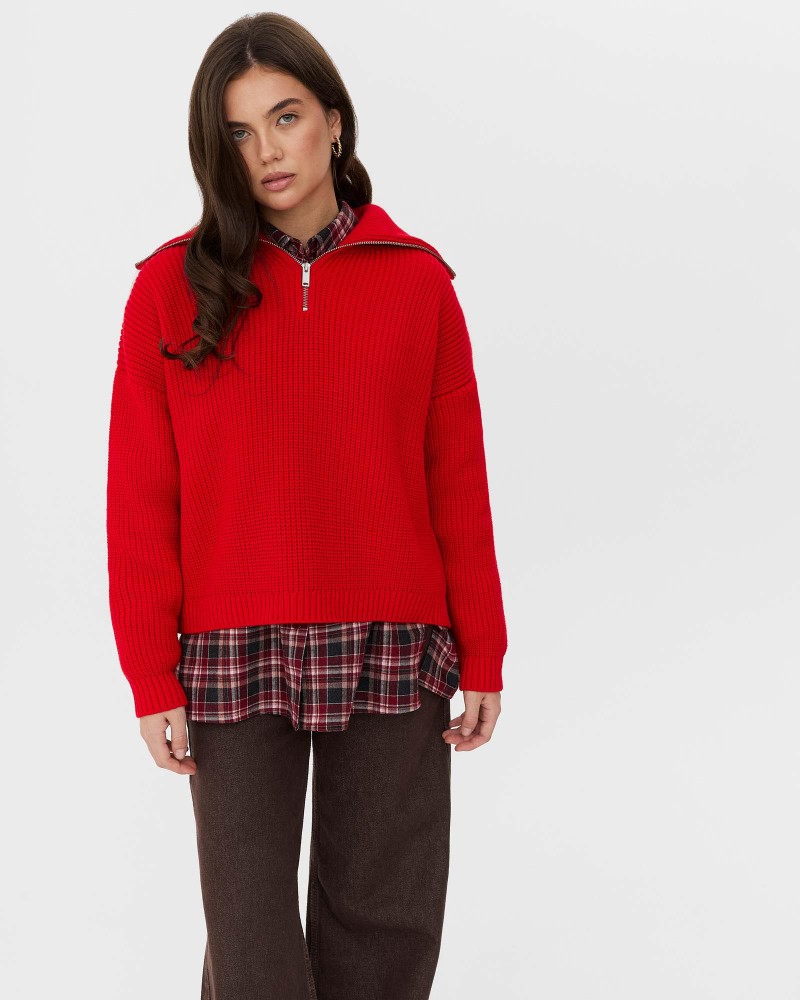 Червоний светр з горловиною на блискавці FASHIONISTA