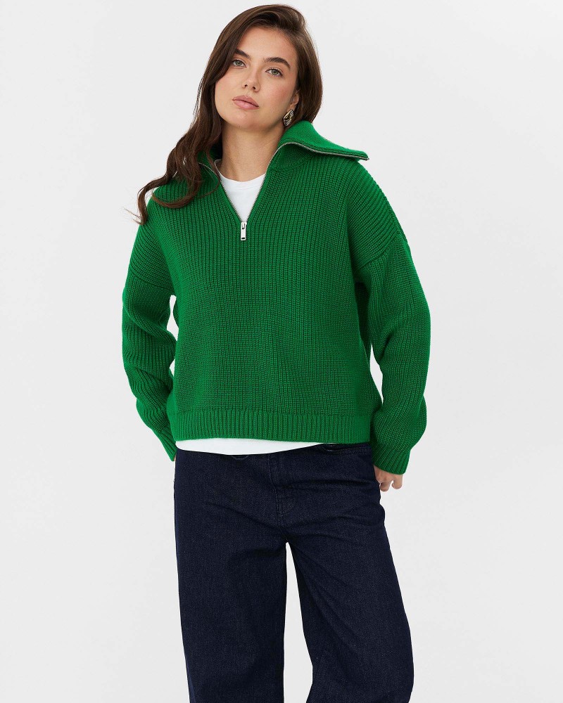 Зелений светр з горловиною на блискавці FASHIONISTA