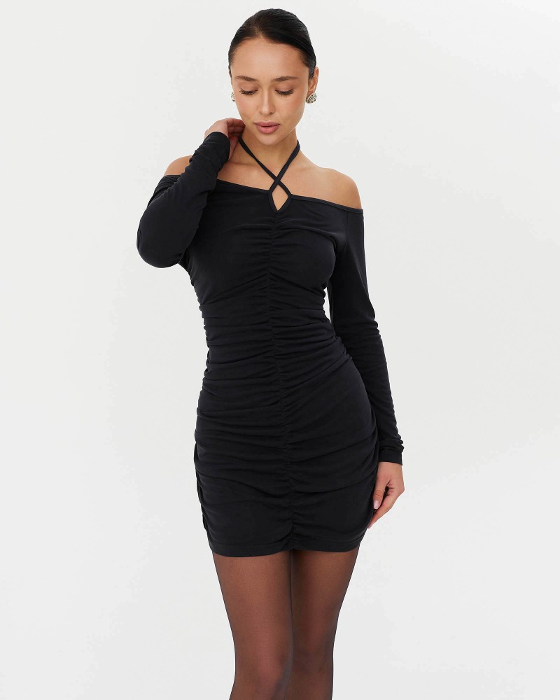 Сукня із суцільним драпіруванням та зав'язкою від FASHIONISTA темно-сірий