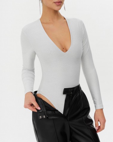 Боді Shiny з V-вирізом від FASHIONISTA срібний