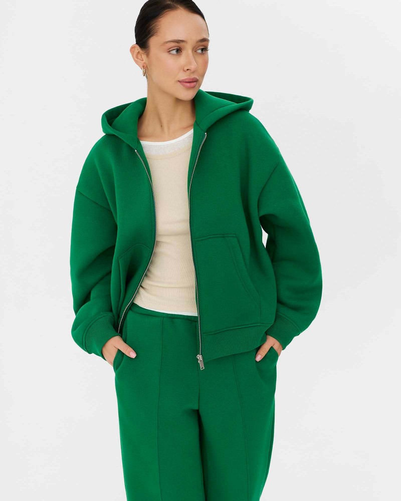 Зелене худі з блискавкою на флісі FASHIONISTA