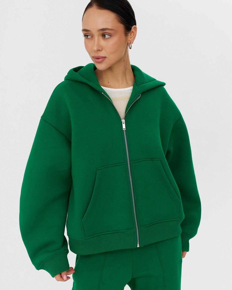 Зелене худі з блискавкою на флісі FASHIONISTA
